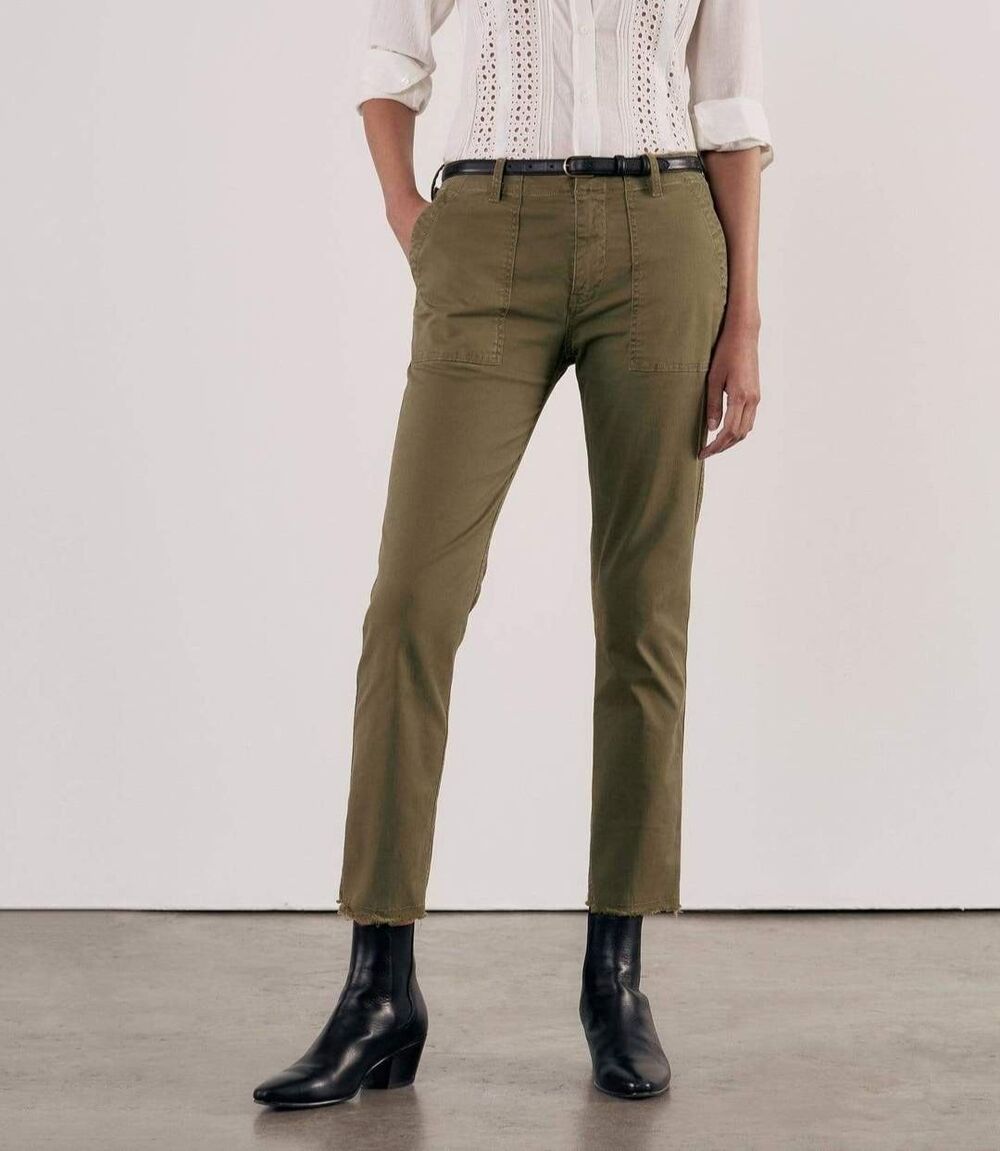 Nili Lotan Jenna Pant Dark Khaki Raw Hem Brushed Cotton Utility Pants $390 Sz 6